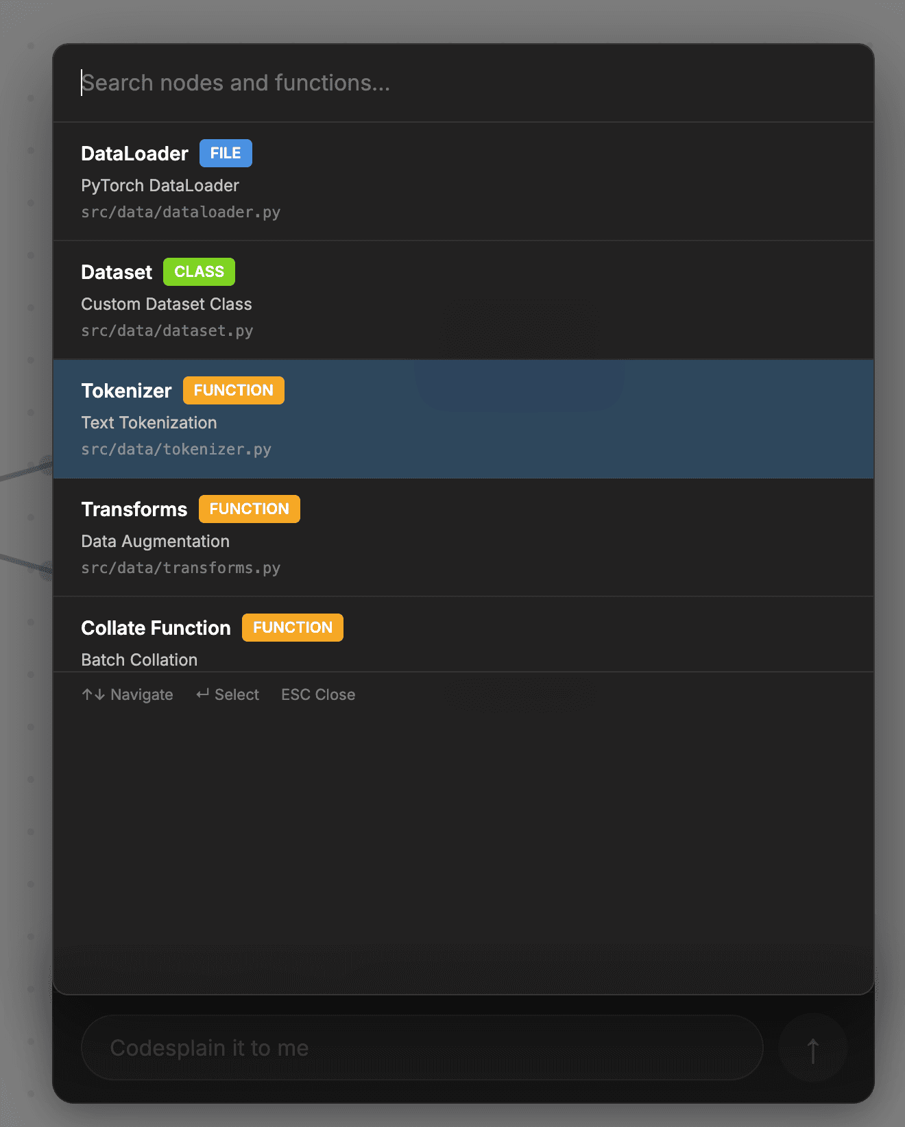 Search through code nodes
